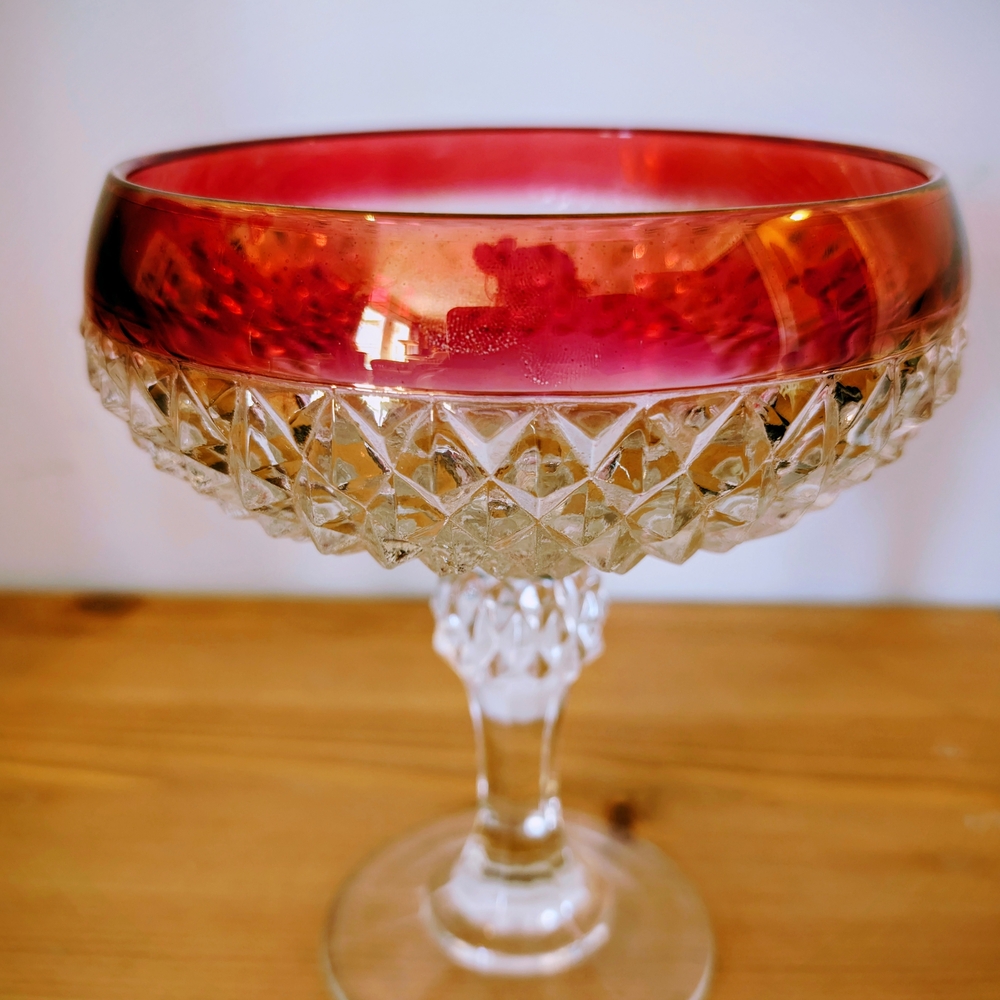Vintage Indiana Glass Diamond Point Ruby Red Compote Candy Dish